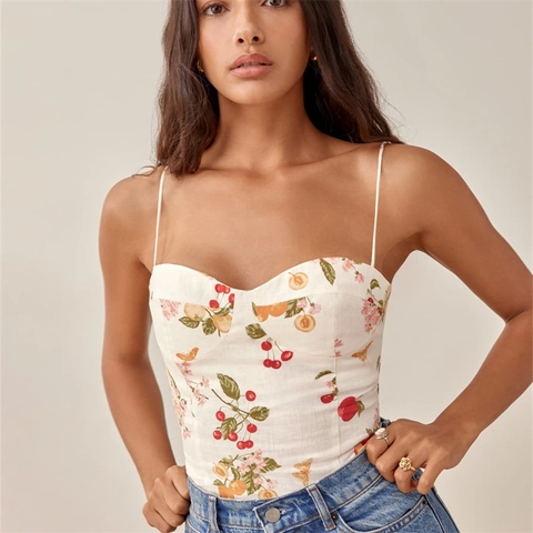 Top a Corsetto da Donna Vintage Francese Stampa Floreale Slim Fit Canotta Frutta Ciliegia Senza Schiena Bustier Crop Top
