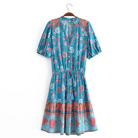 Abito Midi Boho Floreale da Donna Scollo a V Viscosa Manica Corta Coulisse in Vita Nappina Casual Estate Spiaggia Vacanza