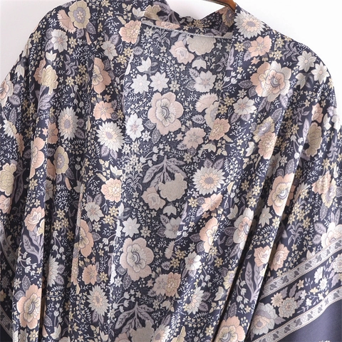 Dames Boheems Kimono Maxijurk Vintage Bloemenprint Los Vest Wijde Mouwen Lange Jurk Met Gordel Viscose Strand Cover Up