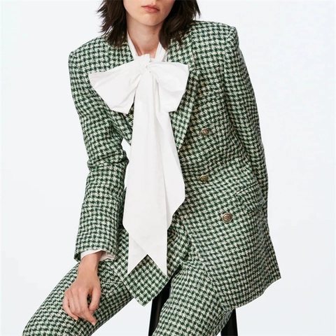 Dames Hahnentritt Blazer Dubbele Rij Knopen Vintage Groen Wit Tweed Jas Met Gouden Knopen Revers Slim Fit Bovenkleding