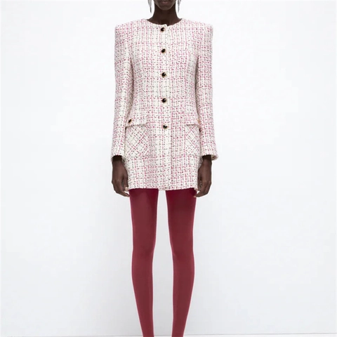 Damen Elegant Mittellang Tweed Jacke Rundhals Einreihig Rosa Weiß Kariert Schlanke Passform Oberbekleidung Büro Lady Mantel