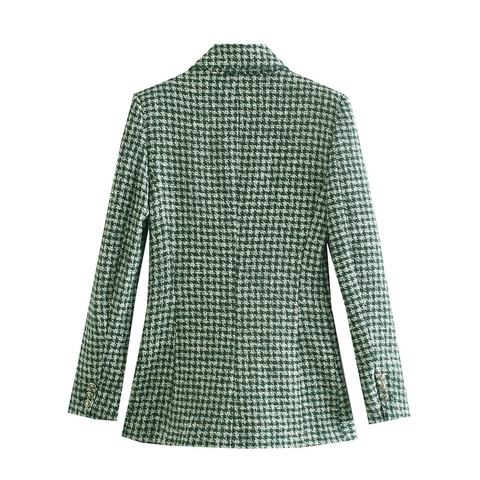 Dames Hahnentritt Blazer Dubbele Rij Knopen Vintage Groen Wit Tweed Jas Met Gouden Knopen Revers Slim Fit Bovenkleding