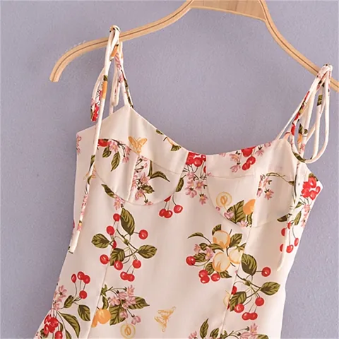 Top a Corsetto da Donna Vintage Francese Stampa Floreale Slim Fit Canotta Frutta Ciliegia Senza Schiena Bustier Crop Top