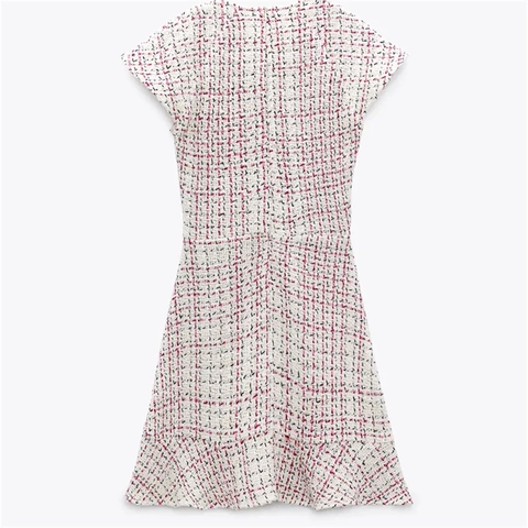 Damen Vintage V-Ausschnitt Kurzarm Tweed Minikleid Elegant Kariert Slim Fit Rüschensaum Party Baumwollkleid