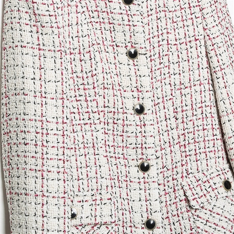 Damen Elegant Mittellang Tweed Jacke Rundhals Einreihig Rosa Weiß Kariert Schlanke Passform Oberbekleidung Büro Lady Mantel