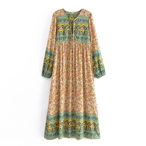 Women's Bohemian Long Sleeve Maxi Dress 100% Viscose V-Neck Tassels Ethnic Floral Camel Print Casual Vacation Long Dress