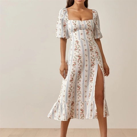 French Style Square Neck Floral Split Midi Dress Puff Sleeve Ruffle Hem Sexy Slim Fit Women Summer Polyester Dress