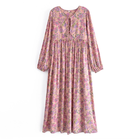 Boheems Bloemen Maxi Jurk Vrouwen 100% Viscose V-hals Kwastjes Hoge Taille Plooien Lange Mouw Retro Strand Vakantie Jurk