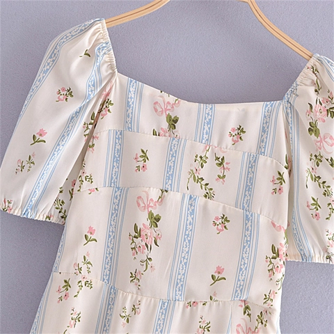 French Style Square Neck Floral Split Midi Dress Puff Sleeve Ruffle Hem Sexy Slim Fit Women Summer Polyester Dress