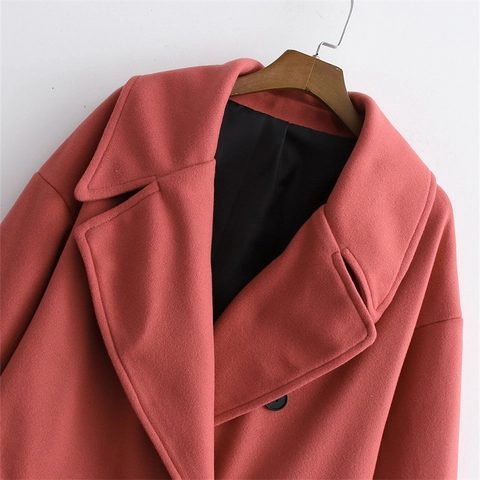 Women Double Breasted Long Woolen Coat Notched Lapel Solid Color Thick Warm Winter Overcoat Outwear Jacket
