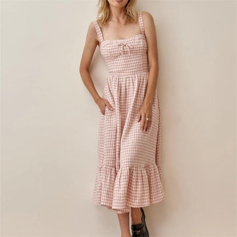 Women French Vintage Gingham Midi Dress Bow Strap Ruffle Hem Square Neck Smocked Back Pastoral Pink White Plaid Camisole Dress