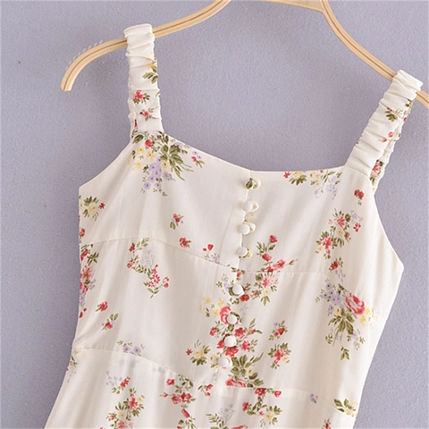 French Vintage Floral Midi Dress Women Summer Sleeveless Square Neck Button A-Line Vacation Sweet Slim Fit Sun Dress