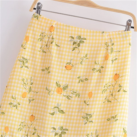 Mini-jupe Taille Haute Imprimé Citron Vintage Français Vichy Jaune Blanc Slim Bodycon Jupe Trapèze Femme Été