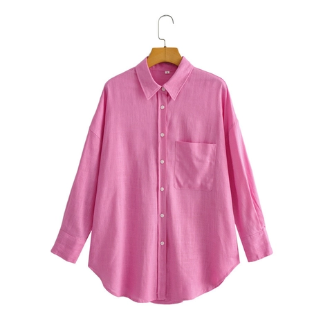 Camisa de Mujer Casual Color Sólido Solapa Manga Larga Botonadura Sencilla Suelta Mezcla de Algodón Con Bolsillo