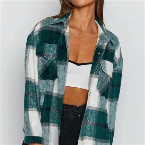 Damen Casual Karo Hemdjacke Oversized Langarm Knopfleiste Mit Taschen Warm Polyester Flanell Oberbekleidung