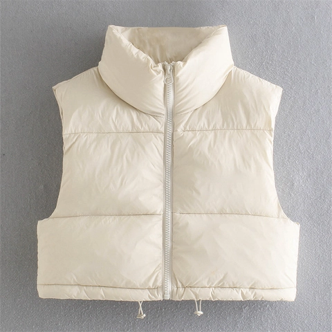Women Casual Quilted Puffer Vest Stand Collar Zipper Sleeveless Padded Waistcoat Solid Color Short Warm Outwear With Drawstring Hem