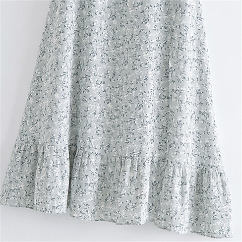 French Vintage Square Neck Puff Sleeve Floral Midi Dress With Slit Ruffle Hem Sexy Smocked Backless Dress For Women
