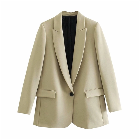 Women's Casual Loose Notched Lapel One Button Long Sleeve Blazer Jacket Plain Beige Khaki Woven Outerwear Streetwear Commute