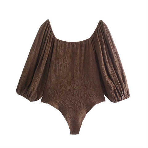 Body Donna Scollo Quadrato Maniche a Sbucco Retrò Texturizzato Slim Fit Manica Lunga Marrone Caffè Moda Top