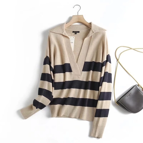 Women's Loose Striped Knit Sweater V-Neck Polo Collar Long Sleeve Cashmere Blend Soft Pullover Jumper Casual Fall Winter Top