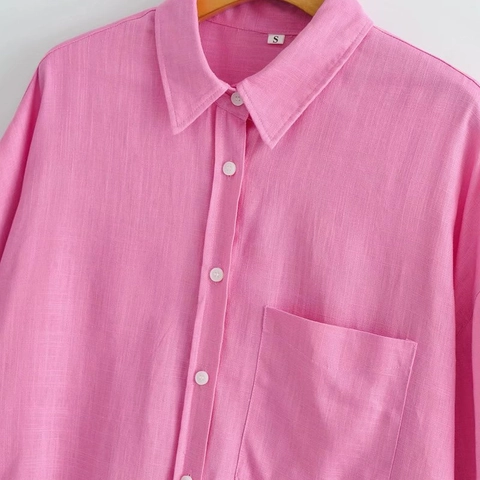 Camisa de Mujer Casual Color Sólido Solapa Manga Larga Botonadura Sencilla Suelta Mezcla de Algodón Con Bolsillo