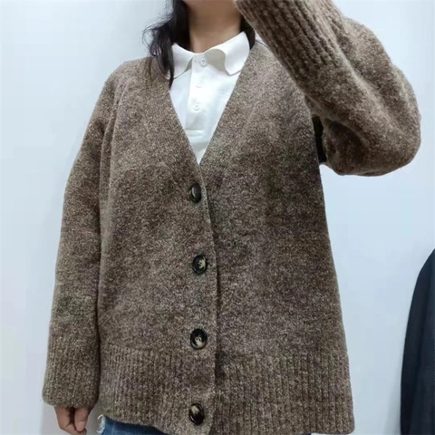 Women's Loose V-Neck Knit Cardigan Sweater Vintage Single-Breasted Coffee Long Sleeve Outerwear Streetwear Casual Thick Top