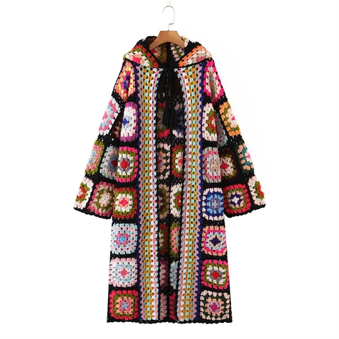 Cárdigan con Capucha de Ganchillo de Cuadrados de Abuela para Mujer Multicolor Mezcla de Mohair Bohemio Vintage Abrigo de Punto