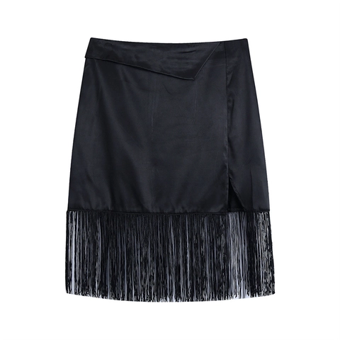 Damen Hohe Taille Schwarz Satin Rock Fransen Besatz Asymmetrischer Wickel Patchwork Saum Elegant Casual Party Minirock