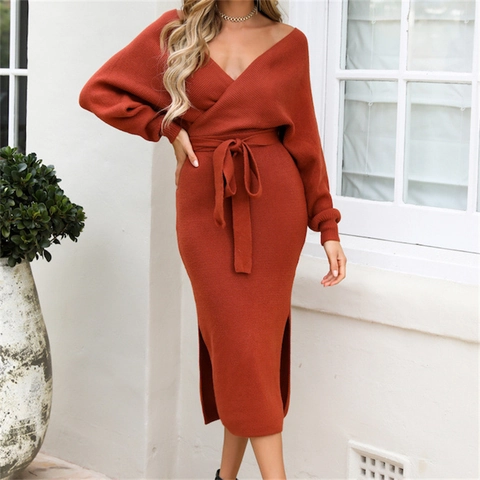 Vestido Midi De Punto Para Mujer Con Cuello En V Corte Ajustado Manga Larga Con Cinturón Vestido De Suéter Con Abertura