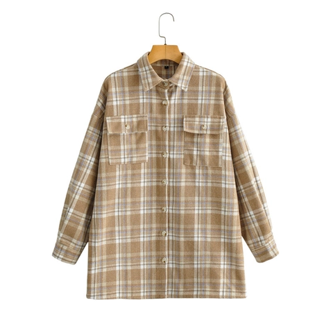 Giacca a Camicia a Quadri Casual da Donna Manica Lunga Shacket di Flanella Risvolto Bottoni Cappotto Medio Lungo Con Tasche