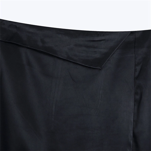 Damen Hohe Taille Schwarz Satin Rock Fransen Besatz Asymmetrischer Wickel Patchwork Saum Elegant Casual Party Minirock