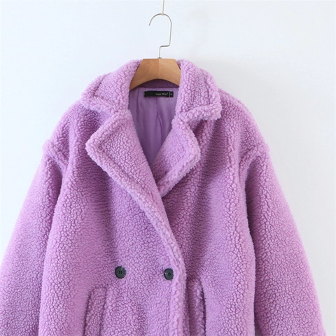 Damen Einfarbig Teddy Fleece Mantel Locker Zweireihig Künstliche Lammwolle Warm Übermantel Oberbekleidung Streetwear