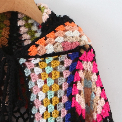 Cárdigan con Capucha de Ganchillo de Cuadrados de Abuela para Mujer Multicolor Mezcla de Mohair Bohemio Vintage Abrigo de Punto
