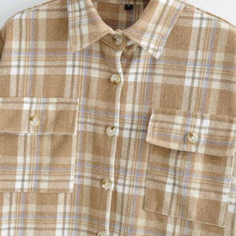 Giacca a Camicia a Quadri Casual da Donna Manica Lunga Shacket di Flanella Risvolto Bottoni Cappotto Medio Lungo Con Tasche