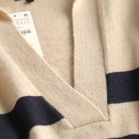 Women's Loose Striped Knit Sweater V-Neck Polo Collar Long Sleeve Cashmere Blend Soft Pullover Jumper Casual Fall Winter Top