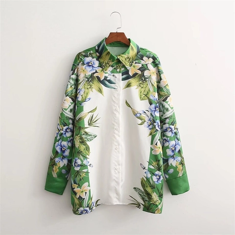 Chemisier en Satin pour Femme Imprimé Floral Tropical Col Rabattu Boutonnage Simple Manches Longues Ample Vacances