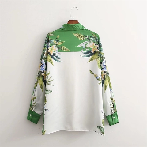 Chemisier en Satin pour Femme Imprimé Floral Tropical Col Rabattu Boutonnage Simple Manches Longues Ample Vacances