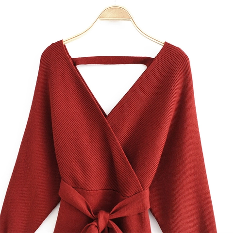 Vestido Midi De Punto Para Mujer Con Cuello En V Corte Ajustado Manga Larga Con Cinturón Vestido De Suéter Con Abertura