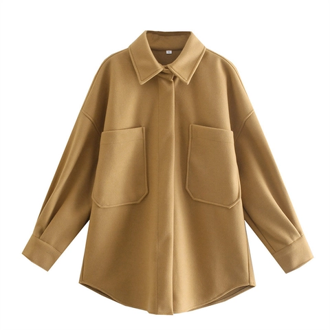 Damen Oversized Woll Shacket Einfarbig Revers Hemdjacke Große Taschen Langarm Außenbekleidung Warmer Herbstmantel