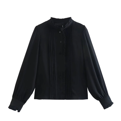 Women Elegant Black Long Sleeve Blouse Retro Stand Collar Ruffle Pleated Button Up Polyester Shirt Top