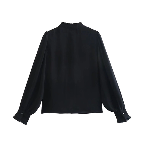 Women Elegant Black Long Sleeve Blouse Retro Stand Collar Ruffle Pleated Button Up Polyester Shirt Top