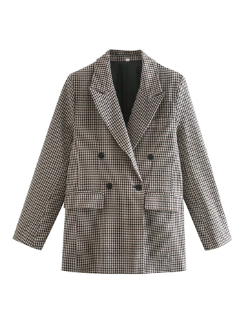 Dames Hahnentritt Blazer Double Breasted Polyester Jas Slim Fit Lange Mouw Streetwear Kantoor Kleding Reverskraag Outwear
