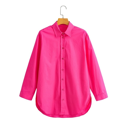 Blusa Casual de Mujer Holgada en Popelina Color Sólido Manga Larga Botonadura Sencilla Cuello de Solapa Streetwear Top Rosa Fucsia