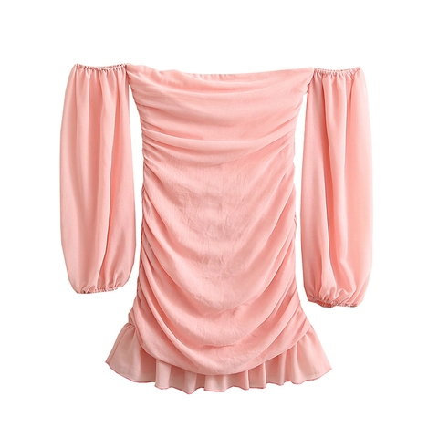 Women Off Shoulder Ruched Chiffon Mini Dress Long Lantern Sleeve Ruffle Hem Solid Pink Sweet Elegant Party Bodycon Short Dress