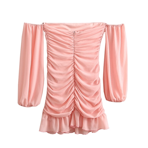 Women Off Shoulder Ruched Chiffon Mini Dress Long Lantern Sleeve Ruffle Hem Solid Pink Sweet Elegant Party Bodycon Short Dress