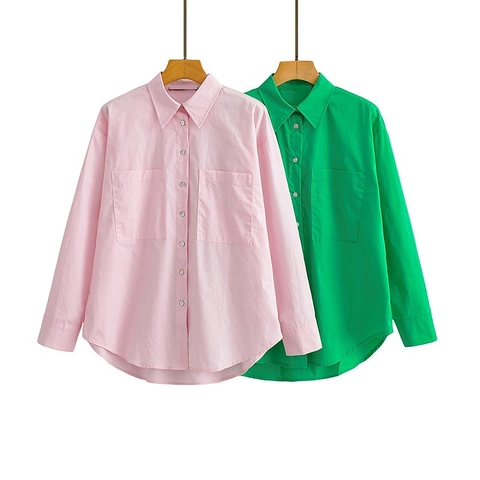 Chemisier Femme Décontracté Style Workwear en Polyester Manches Longues Col Rabattu Couleur Unie Avec Grandes Poches Plaquées
