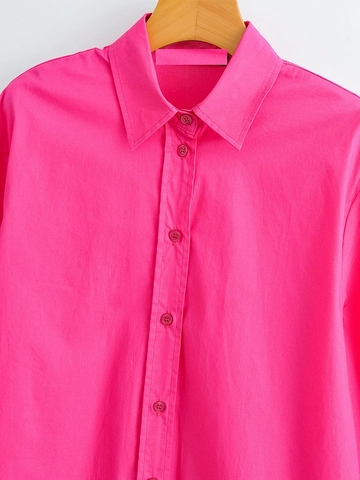Blusa Casual de Mujer Holgada en Popelina Color Sólido Manga Larga Botonadura Sencilla Cuello de Solapa Streetwear Top Rosa Fucsia
