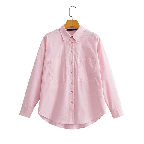 Chemisier Femme Décontracté Style Workwear en Polyester Manches Longues Col Rabattu Couleur Unie Avec Grandes Poches Plaquées