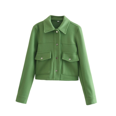 Chaqueta Casual Verde de Solapa para Mujer Grandes Bolsillos Botonadura Sencilla Corte Slim Forro de Felpa Ropa de Calle Abrigo Corto Color Sólido