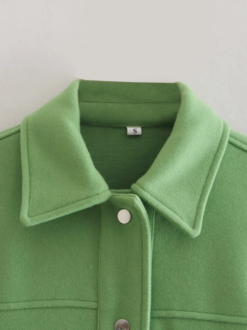 Chaqueta Casual Verde de Solapa para Mujer Grandes Bolsillos Botonadura Sencilla Corte Slim Forro de Felpa Ropa de Calle Abrigo Corto Color Sólido